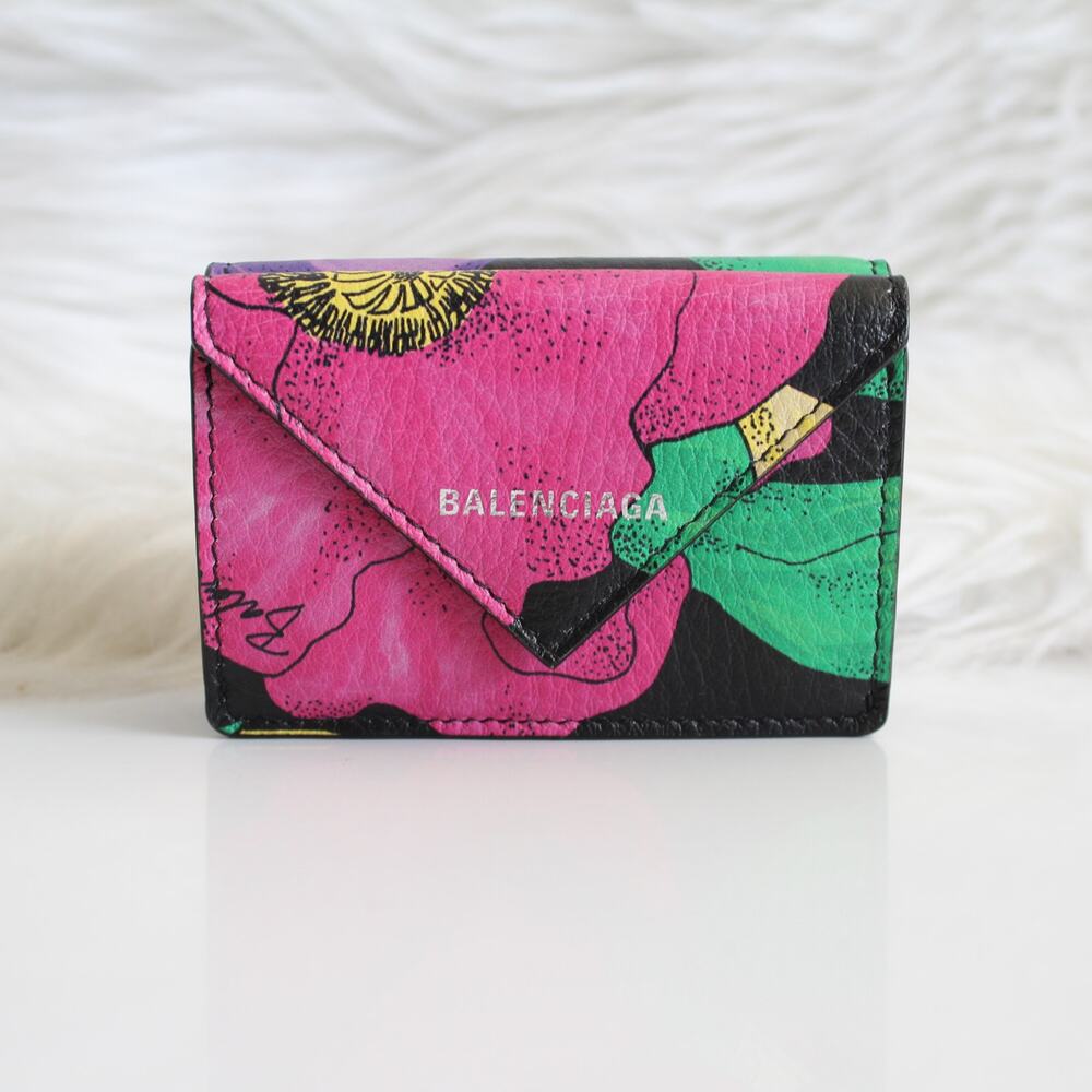 Balenciaga Tropical Floral Logo Mini Papier Trifold Compact Wallet Small